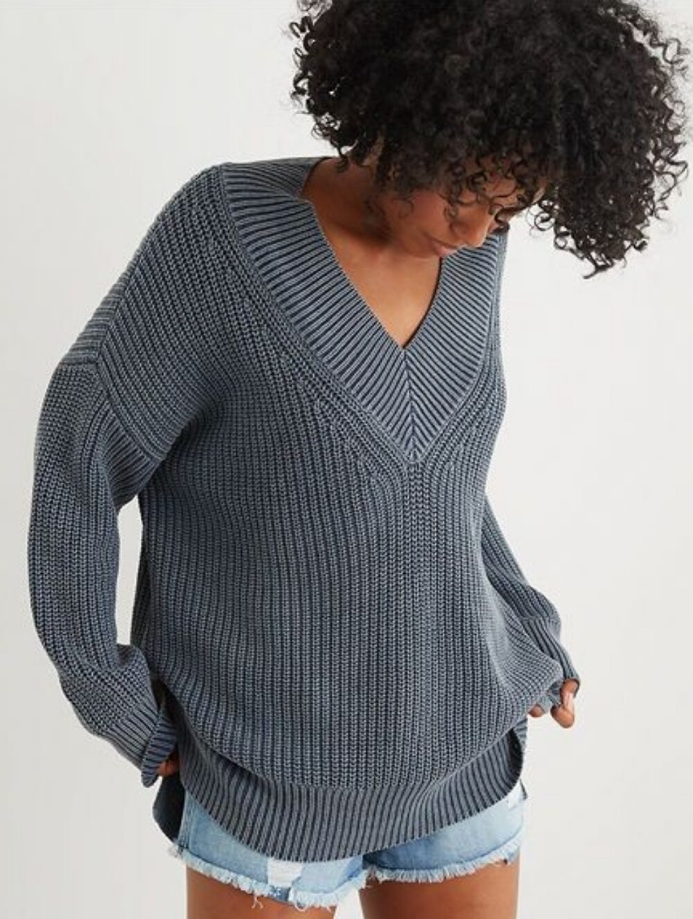 Aerie V Neck Chunky Knit Oversized Sweater Cotton Grey Purple Medium